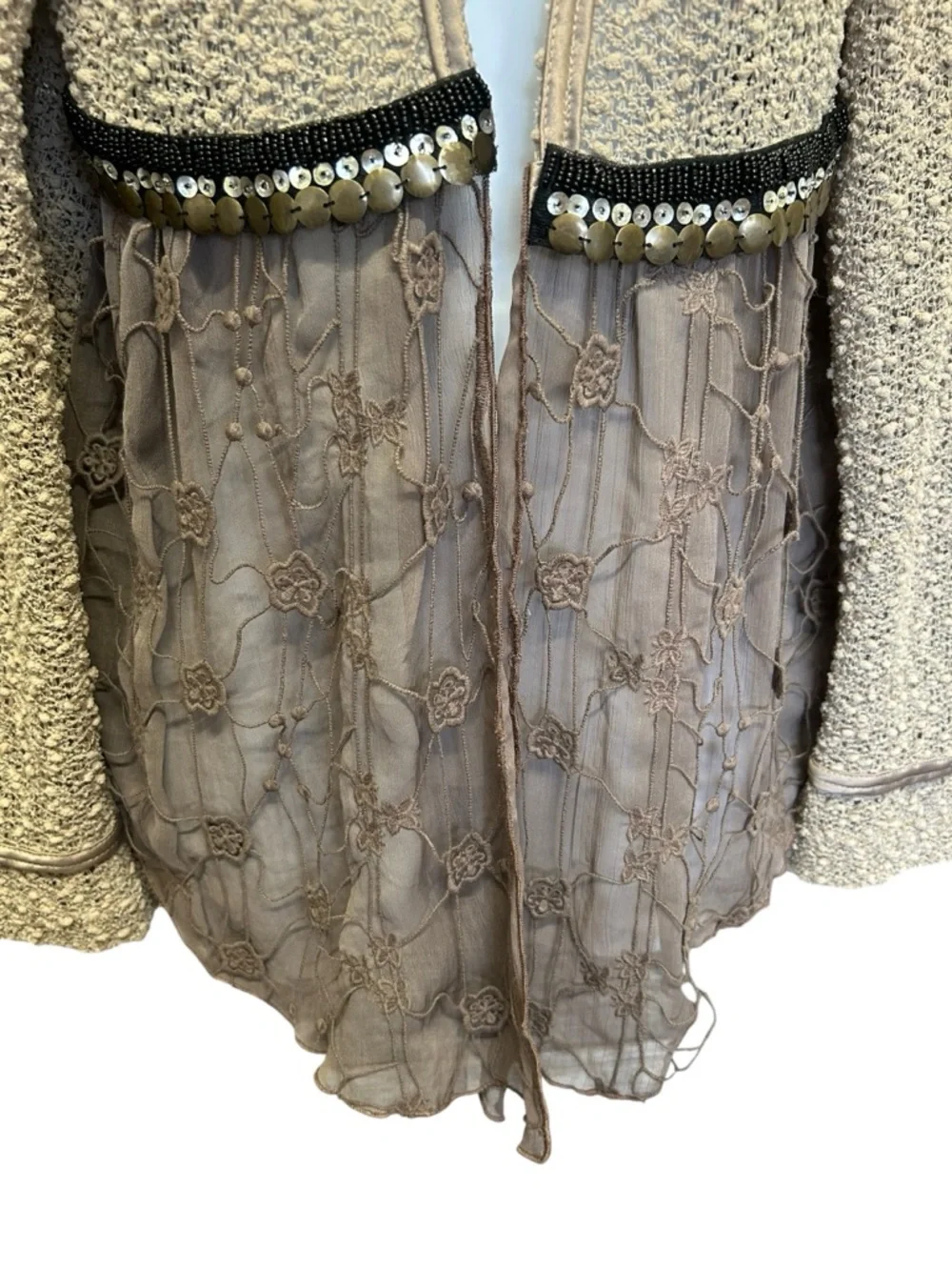 PS Fashion Vintage Boho Beaded Sheer Knit Cardigan Brown Size S Fairycore - Picture 4 of 6